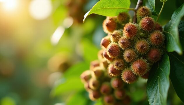 Close-up of unripe annatto seeds on tree branch. Small spiky pods grow in cluster, green leaves surround them. Warm sun light shines on plant.