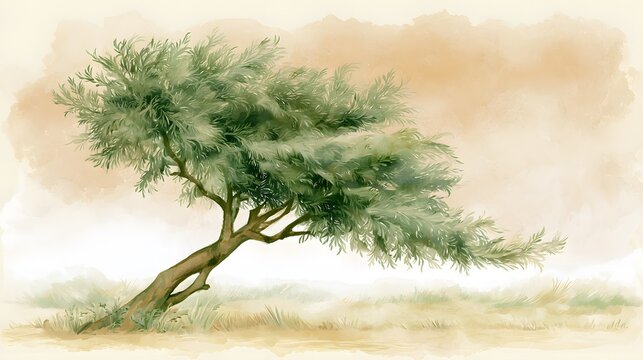 Serene marula tree watercolor illustration tranquil botanical landscape soft earthy tones peaceful nature scene
