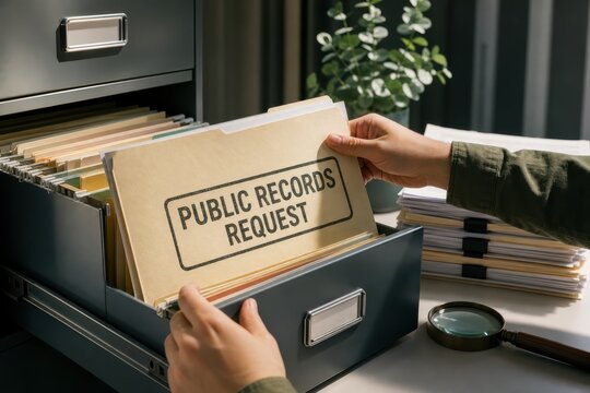 Hands filing a public records request folder in an office cabinet with organized documents