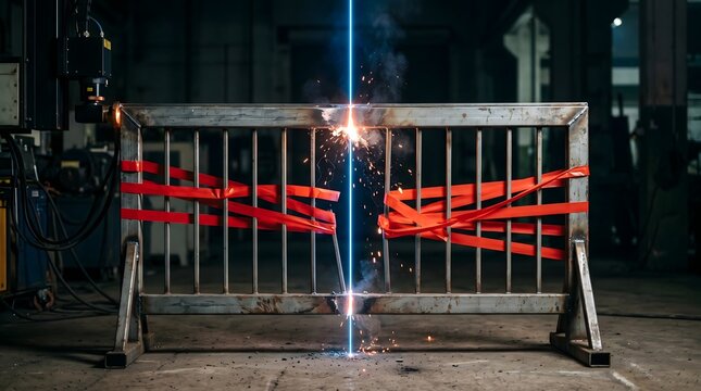 Industrial precision laser beam cutting a steel barricade in half with sparks flying in a manufacturing workshop