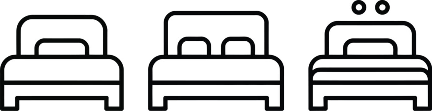 Bed icon set, line art single and double beds with pillows and headboards for hotel bedroom and accommodation design concepts.