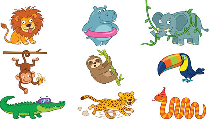 Fototapeta premium Cute Wild Jungle Animal Cartoon Character Collection Set Featuring Lion Hippo Elephant Monkey Sloth Toucan Crocodile Cheetah and Snake Illustrations