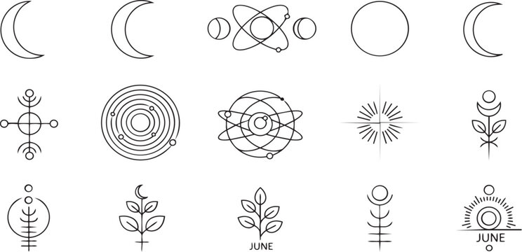 Minimalist Celestial and Esoteric Symbol Line Art Icon Set
