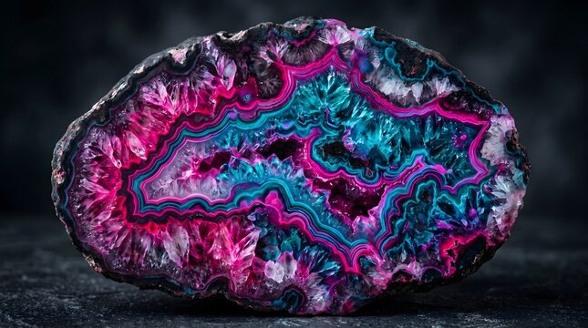 Vibrant pink and teal agate geode slice displaying intricate crystal layers and colorful mineral formations on a dark background