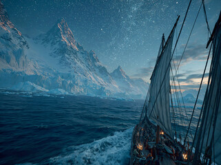 Obraz premium A wooden sailing ship navigates icy arctic waters under a starry night sky, crew on deck.