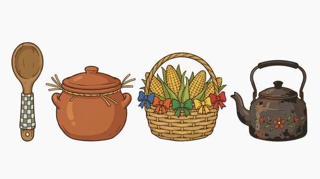 Rustic Kitchen Utensils and Corn Basket Illustration
