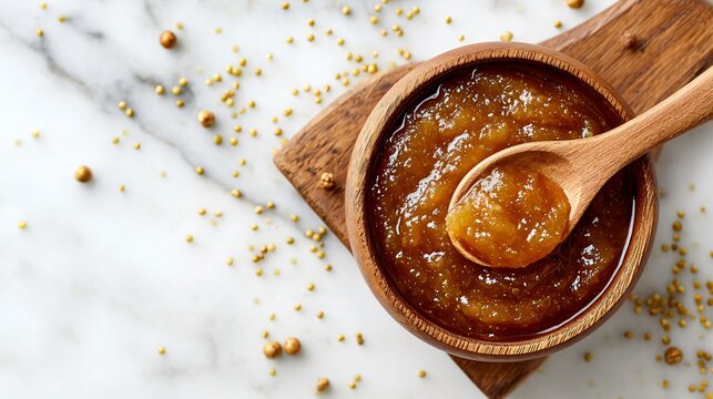 A top-down composition of apple chutney in a bowl with a wooden spoon resting on the edge, placed on a white marble surface with scattered mustard seeds