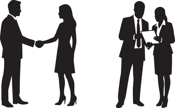 Professional business people silhouettes shaking hands and reviewing data document in corporate office environment, teamwork and partnership concept