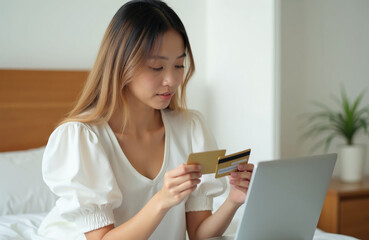 Naklejka premium Asian woman sits on bed holding credit cards. She looks at laptop screen, browsing online shops. Woman makes payment on e-commerce website from bedroom.