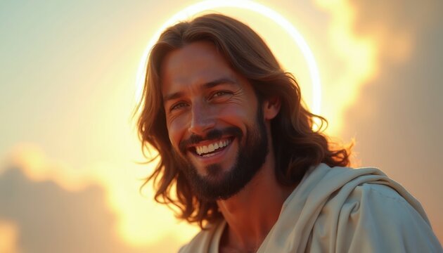 Joyful Jesus portrait with kind smile. His divine face glows bright in soft sun light. He wears light robe and has halo. Spiritual leader offers hope and peace.