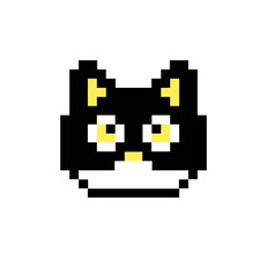 Fototapeta premium Pixelated black and white cat face with yellow eyes, a charming retro 8-bit digital pet avatar icon