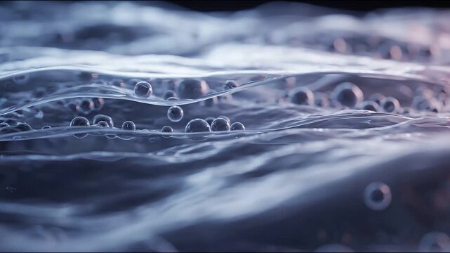 Abstract flowing liquid surface with tiny spheres, scientific background, fluid motion