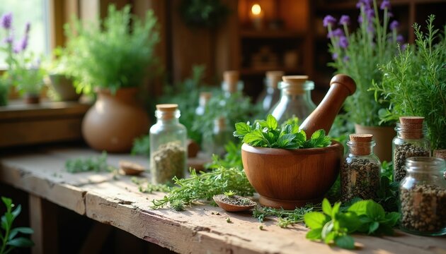 Apothecary table with fresh herbs in mortar, jars of dried plants, and lavender. Rustic setup for natural healing and botanical preparations, providing ingredients for remedies and tinctures.