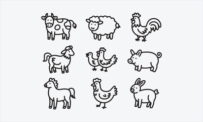 Fototapeta premium Farm animal naive folk line art icon set vector illustration