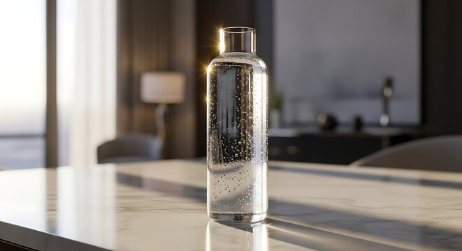 A clear glass bottle with water droplets sits on a white marble table indoors.