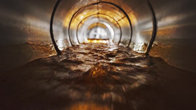 A dark tunnel with crude oil flowing through it, illuminated by warm light with a 4K resolution, against a backdrop of industrial infrastructure.