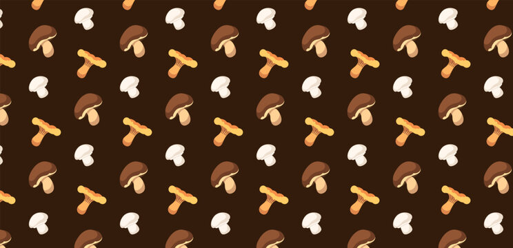 Seamless mushroom pattern on brown background. Vector champignon, chanterelle and porcini texture. Flat style autumn mushrooms background for textile and packaging design. Horizontal orientation