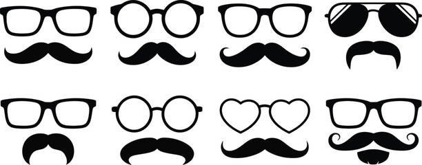 Retro face, accessory set, mustache beard and glasses symbols for photo booth props costume elements and party decoration graphics. © Clinton Black