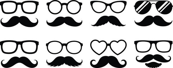 Mustache, and glasses icon set, stylized eyeglasses sunglasses mustaches and beards for photo booth props and retro design themes. © Clinton Black