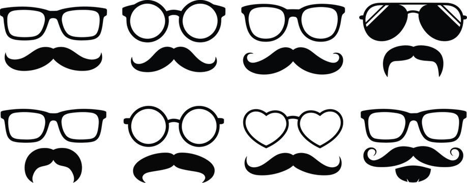 Retro face, accessory set, mustache beard and glasses symbols for photo booth props costume elements and party decoration graphics.