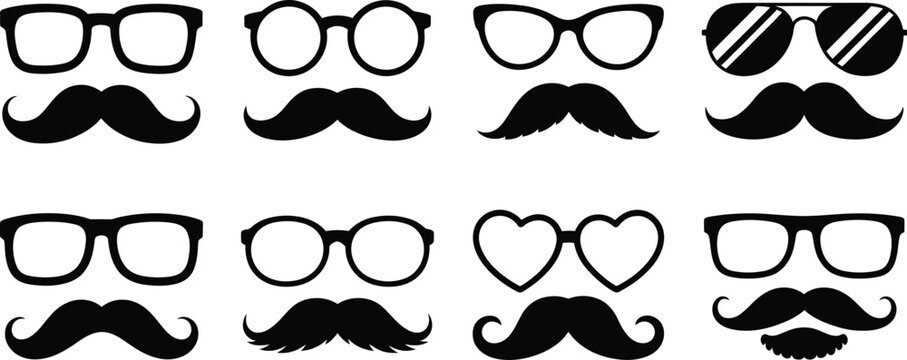 Mustache, and glasses icon set, stylized eyeglasses sunglasses mustaches and beards for photo booth props and retro design themes.