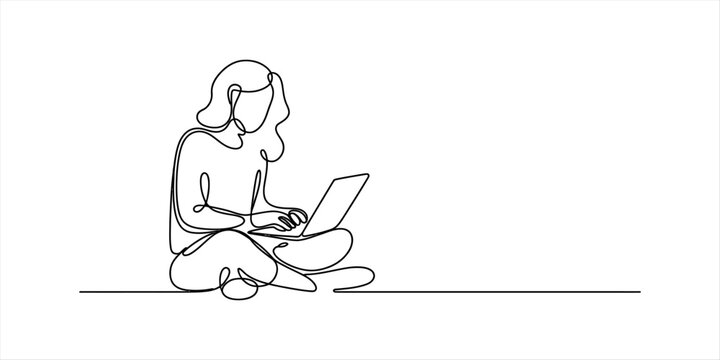 Continuous single line drawing of a young woman sitting on the floor using a laptop computer for work or study in a minimalist modern artistic style Vector, illustration