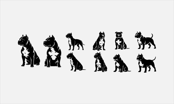 Pit bull, american bully dog.Beautiful silhouette icon set vector illustration