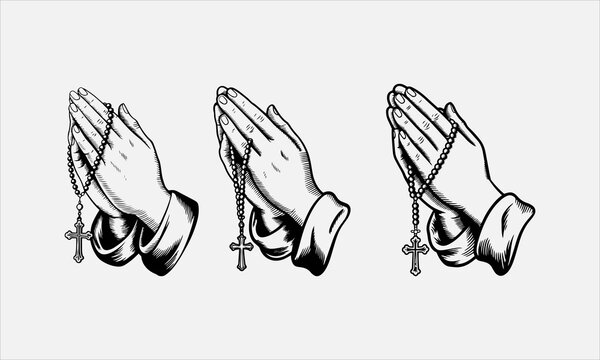 Praying woman Hands with rosary cross. Vintage black engraving illustration. Monochrome line art icon set vector illustration
