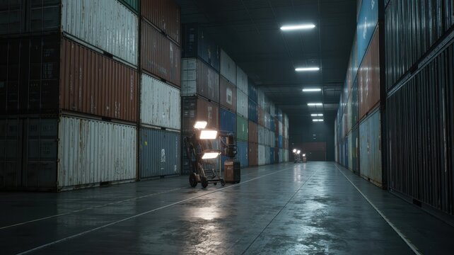 Spacious industrial warehouse with stacked shipping containers and dim lighting
