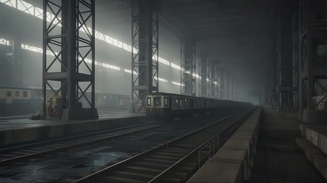Interior of an empty train station with train tracks and overhead supports, sun rays entering through windows