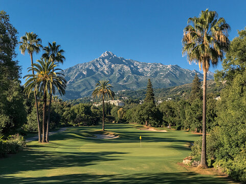 A sunlit golf course features palm trees, lush greens, and a mountain backdrop under a clear blue sky.