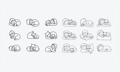 Obraz premium Sleeping child with cats naive hand drawn sketch line art icon set vector illustration