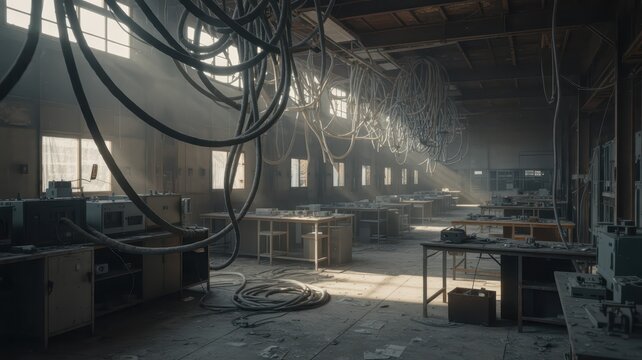Abandoned industrial workshop with hanging wires and dusty furniture
