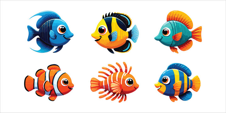 Colorful cartoon fish with big eyes on white background