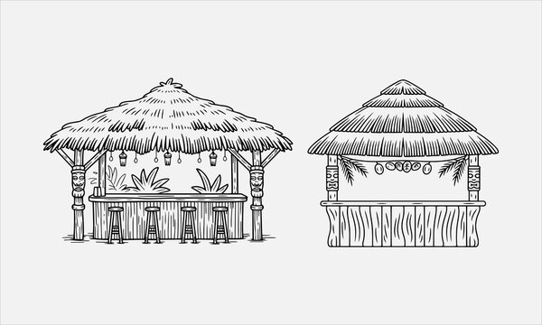 Tiki bar tropical sketch straw roof hand-drawn line art icon srt vector illustration