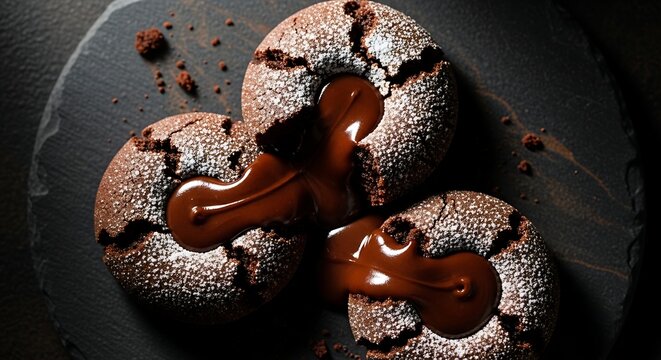 Delicious chocolate lava cookies with a molten center on a dark stone plate for dessert time