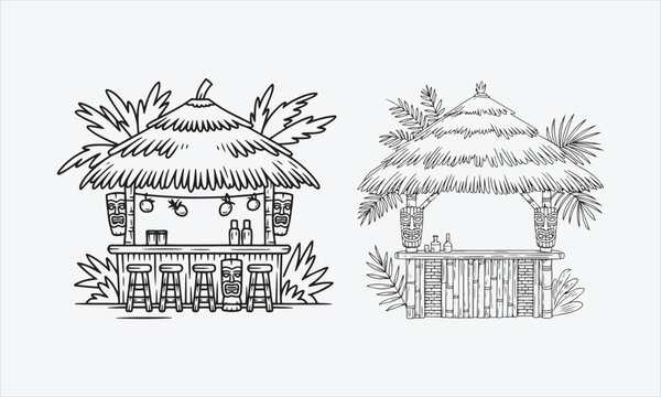 Tiki bar tropical sketch straw roof hand-drawn line art icon srt vector illustration