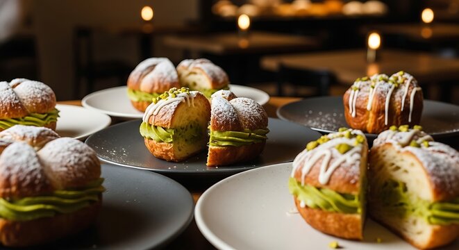 Freshly baked pistachio cruffins dusted with powdered sugar served on plates in a cafe setting.