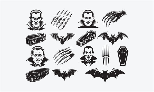 Vintage black and white line art icon set of Dracula's face, claws, coffin vector illustration