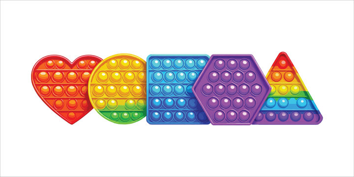 Colorful popit fidget toys in various shapes and rainbow colors  isolated on white