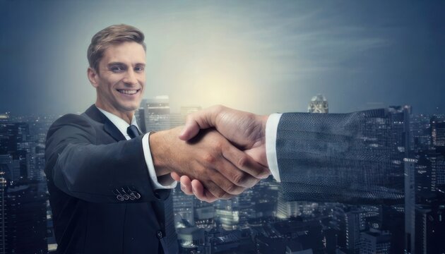 Businessmen shaking hands in front of a cityscape background.