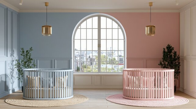 Nursery room shows two cribs in blue and pink positioned side by side under natural light from the window with soft color accents around