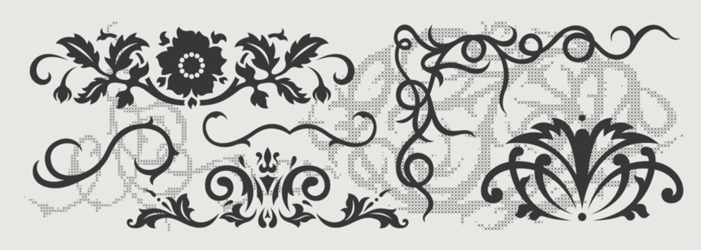 Vector design element of classic baroque ornaments with elegant scrollwork, medieval details.