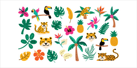 Obraz premium Tropical jungle elements with animals and plants illustrations set