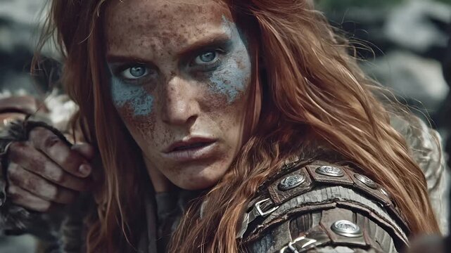 Fantasy wallpaper. A closeup portrait of a female warrior with striking blue eyes and red hair. She wields a quiver of arrows in her right hand, indicating she is about to shoot.