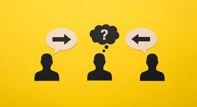 Decision making concept with human silhouettes and speech bubbles, confused person choosing between two directions, business strategy and dilemma