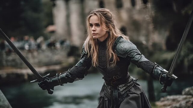 Fantasy wallpaper. A dramatic portrayal of a female warrior in a medieval setting. She wields a long, slender sword with a sharp blade and a curved hilt.
