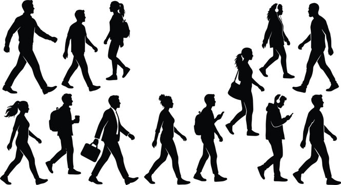 Collection of walking people silhouettes featuring diverse men and women characters carrying bags briefcases and using smartphones set
