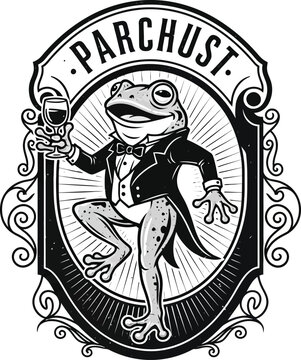 Black and white of a smiling frog in a tuxedo holding a wine glass, parchust