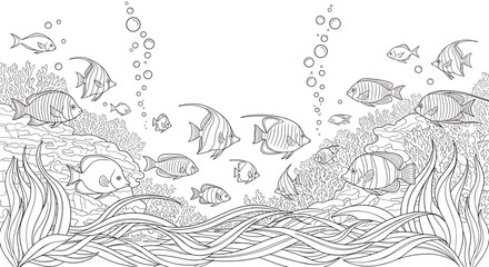 A detailed black and white line art illustration of an underwater coral reef, featuring diverse tropical fish, seaweed, and rising bubbles. © Mamun